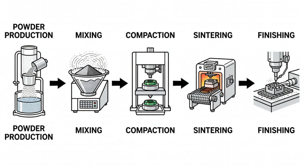 owder metallurgy process steps showing powder production, mixing, compaction, sintering, and finishing
