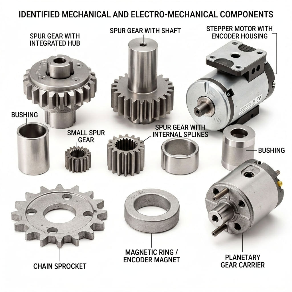 Labeled powder metallurgy components including spur gear with integrated hub, spur gear with shaft, stepper motor with encoder housing, small spur gear, spur gear with internal splines, two bushings, chain sprocket, magnetic ring encoder magnet, and planetary gear carrier