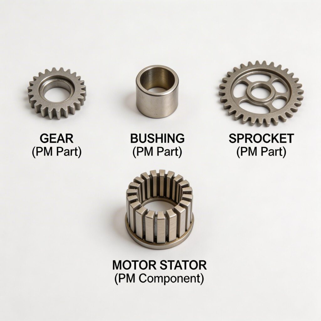 Four sintered powder metallurgy parts on a white background - a helical gear, plain cylindrical bushing, lightweight sprocket with lightening holes, and a motor stator with radial slots, all labeled as PM parts or PM components