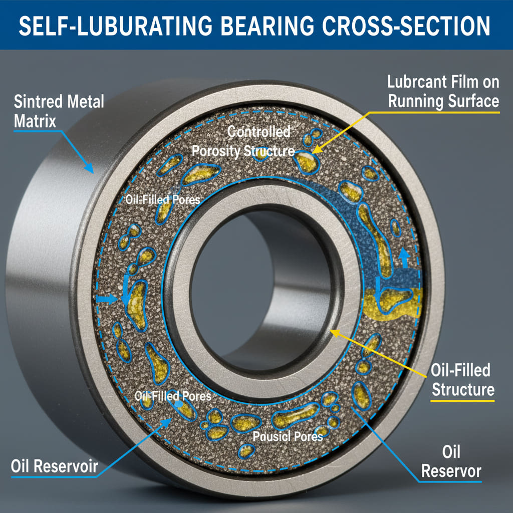 Cutaway cross-section diagram of a powder metallurgy self-lubricating sintered bearing showing sintered metal matrix, controlled porosity structure, oil-filled pores, oil reservoir zones, and lubricant film on the running surface