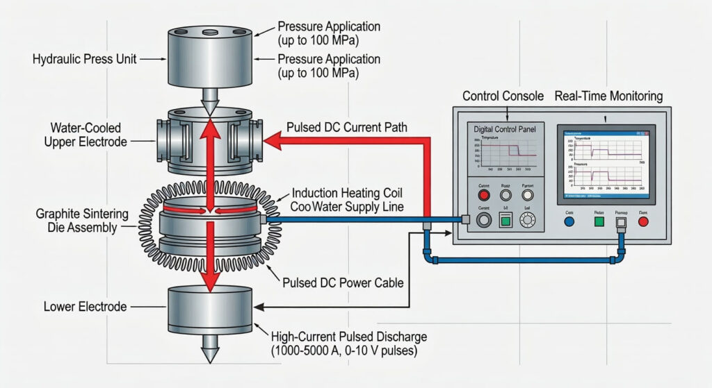 Schematic diagram of a spark plasma sintering SPS system showing hydraulic press unit applying up to 100 MPa, water-cooled upper and lower electrodes, graphite sintering die assembly, induction heating coil, pulsed DC current path delivering 1000 to 5000 amperes at 0 to 10 volts, pulsed DC power cable, digital control console, and real-time temperature and pressure monitoring screens