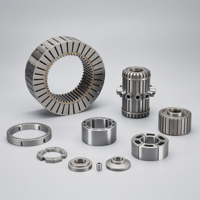 Collection of advanced powder metallurgy components including a large laminated motor stator ring, cylindrical rotor assembly with fluid ports, segmented rotor core, flanged rings, precision collars, and small cylindrical spacers manufactured via PM process