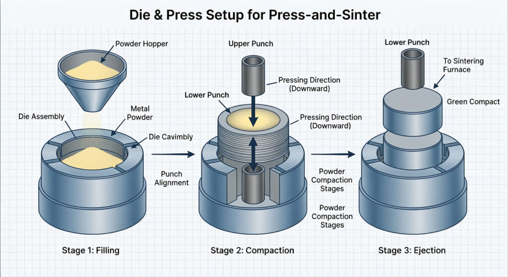 Die and press setup for press-and-sinter powder metallurgy showing filling, compaction, and ejection stages with labeled punch and die cavity