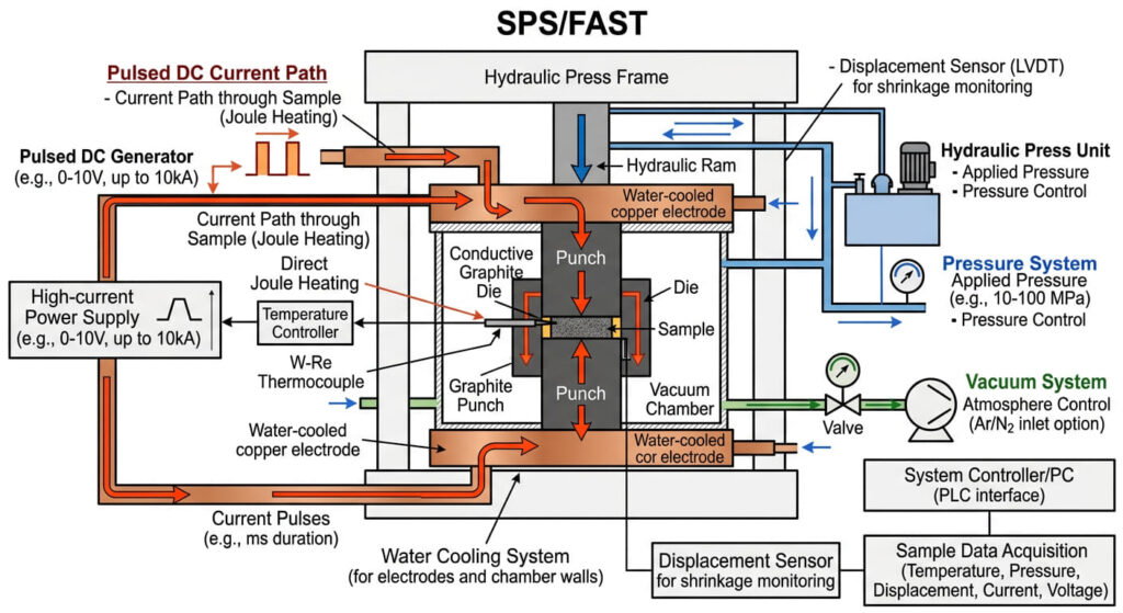 Cross-section comparison of green compact versus sintered part showing particle bonding, pore reduction, and neck formation during sintering