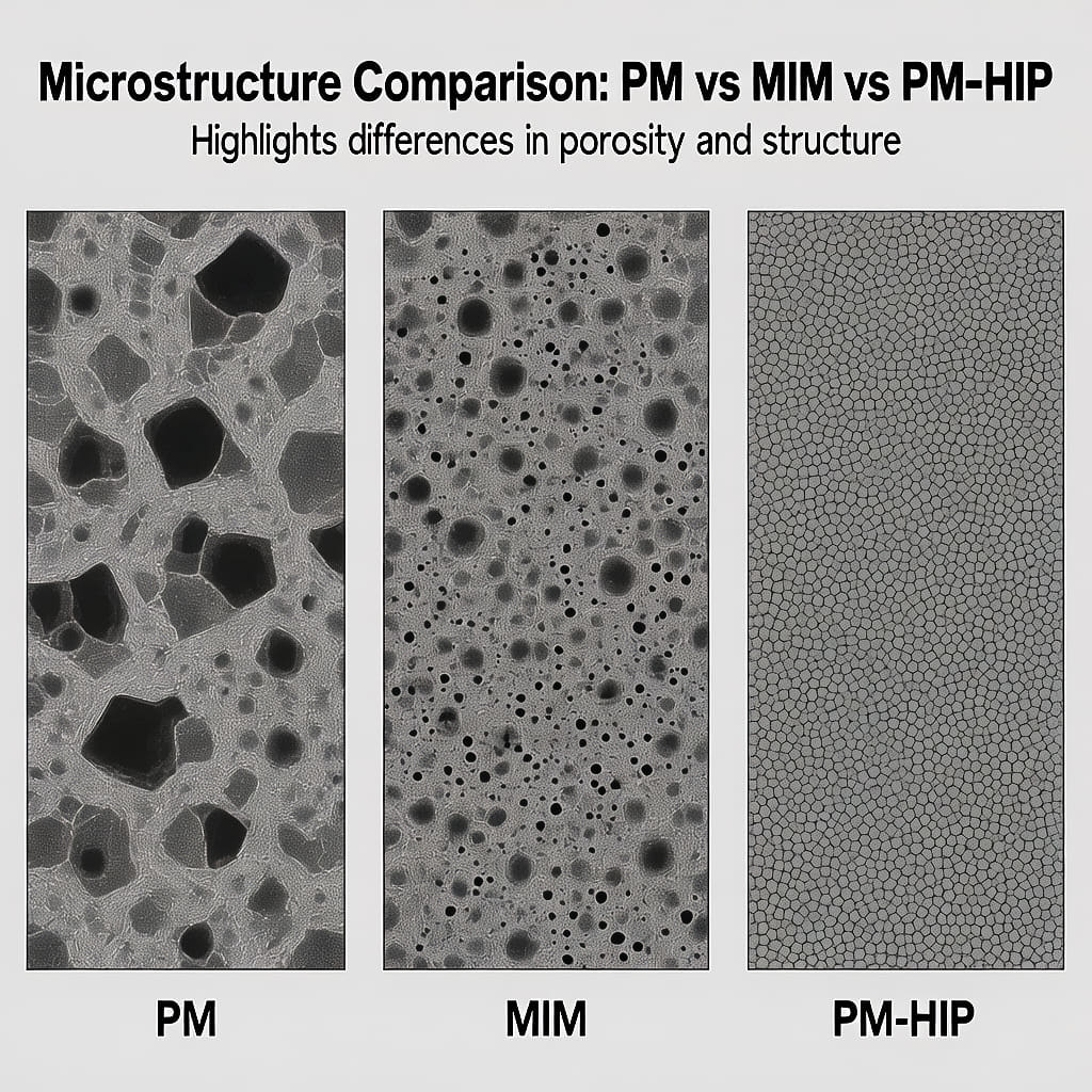 Microstructure comparison of PM, MIM, and PM-HIP processes showing differences in porosity and grain structure under microscopy - PM with large irregular pores, MIM with distributed spherical pores, PM-HIP with near-full density fine grain structure