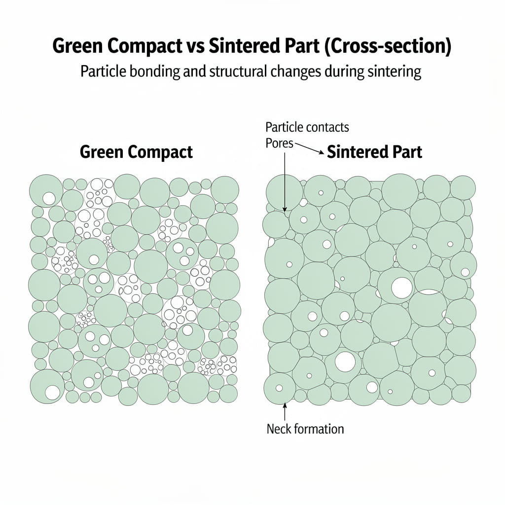 Cross-section diagram comparing green compact and sintered part in powder metallurgy showing particle contacts, pore reduction, and neck formation during the sintering process