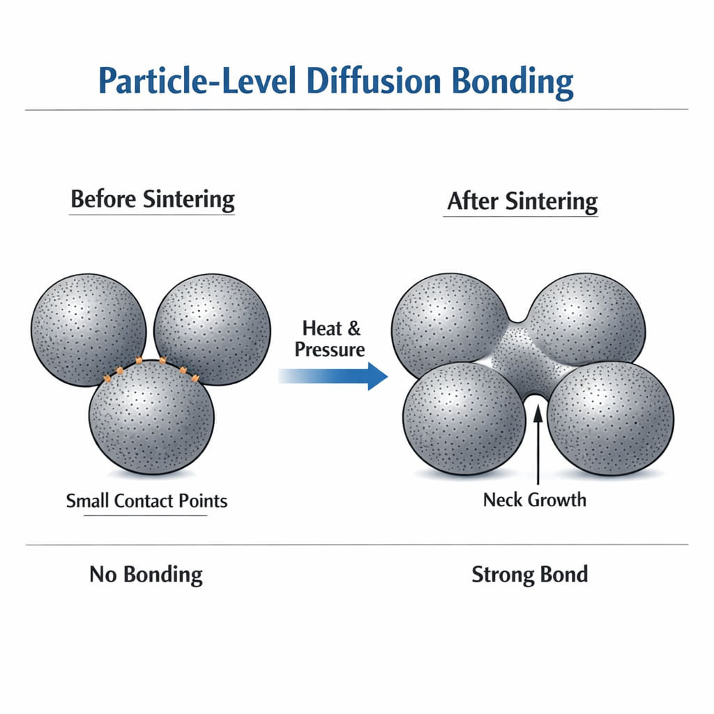 Particle-level diffusion bonding diagram showing metal powder particles before sintering with small contact points and no bonding, and after sintering with neck growth forming a strong metallurgical bond under heat and pressure