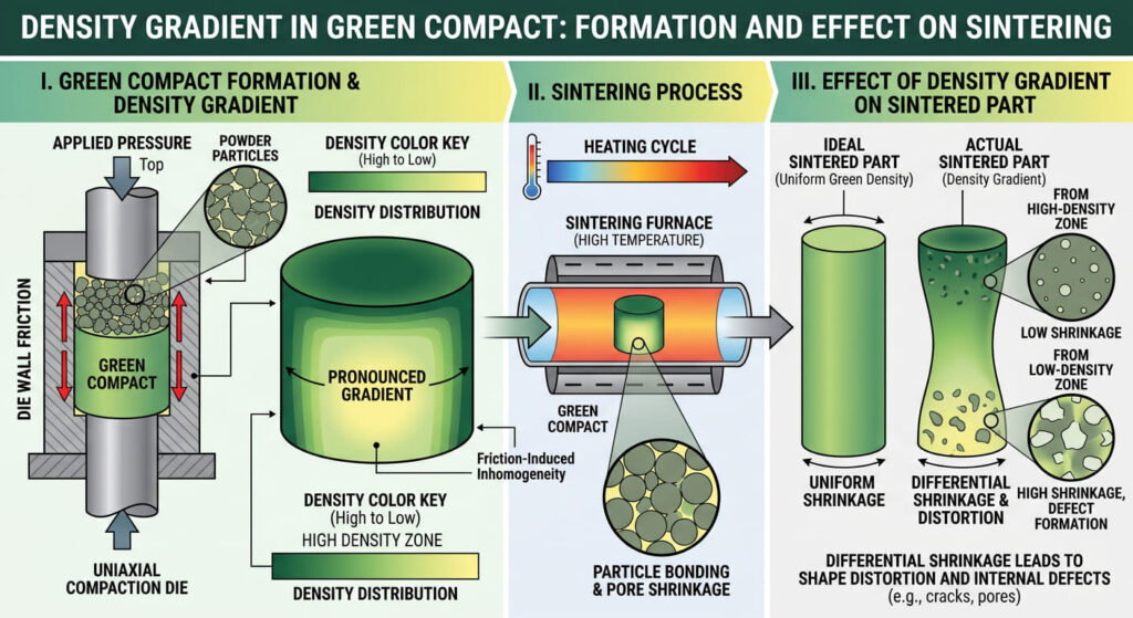 Three-part infographic showing density gradient formation in a PM green compact during uniaxial compaction, the sintering heating cycle, and the effect of density gradient on differential shrinkage and defect formation in the sintered part